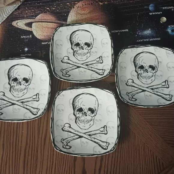 4 Coventry 8" Square Skull Plates Lunch or Snacks Skull & Crossbones Porcelain - Picture 1 of 7